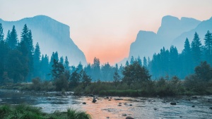 Landscape photo with mountain and lake.