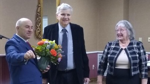 Mark Welch makes a presentation honoring Mike and Rita Arritt at services in Roanoke, Virginia.