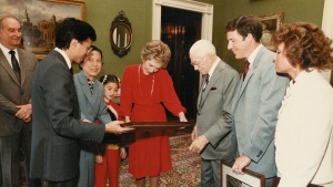 Nancy Reagan and the Little Ambassadors from Shanghai with Herbert Armstrong, and Aaron and Michelle Dean.