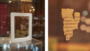 Rylands Greek P 457, the St. John Fragment, on display in the Rylands Gallery at John Rylands Library in Manchester, England (photo courtesy Rylands imaging).