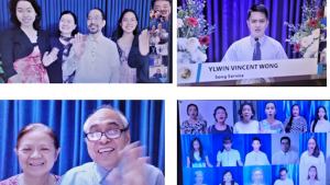 Clockwise from upper left: Bong and Grace Remo and family, song services, virtual choir, Rey and Cynthia Evasco.