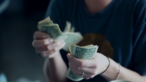 Woman counting 20-dollar bills.