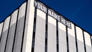 a photo of a building with a blank space for your name.