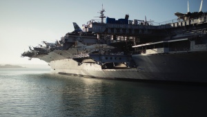 A photo of an aircraft carrier in San Diego, California