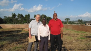 Site of new Blantyre church building: Victor Kubik, Dickson Chiwaya (construction supervisor) and pastor Gracious Mpilangwe.