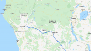 Google map screenshot of DR Congo and the path that Tim Pebworth will take on his journey.