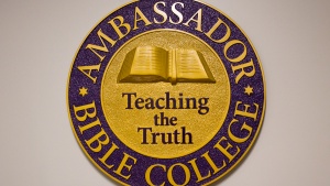 The Ambassador Bible College seal at the entry way.