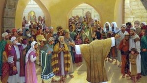 Depiction of Peter's sermon on Pentecost by David Teague. Original painting at the home office.