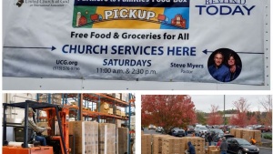 Collage of three photos: the food drive sign, Tim Sipes moving boxes with a forklift and aerial shot of brethren loading boxes,