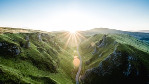 Sunrise over mountain range.