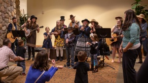 Esther’s Good Ole’ Funtime Band plays music for the children before Jelly’s Gameshow starts.