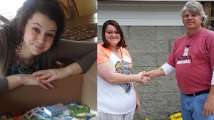 On the left is Ashleigh Call and her box of toiletries she will donate. On the right is Erica Call with one of the shelter workers. 