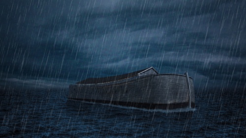 Noah's ark floating across an expanse of water as it rains