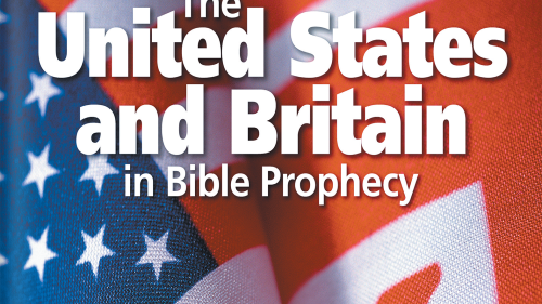 Text: "The United States and Britain in Bible Prophecy" on a background with the USA and British flags