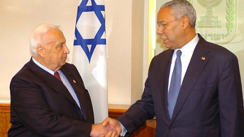 Colin Powell meets with Israeli Prime Minister Ariel Sharon. 