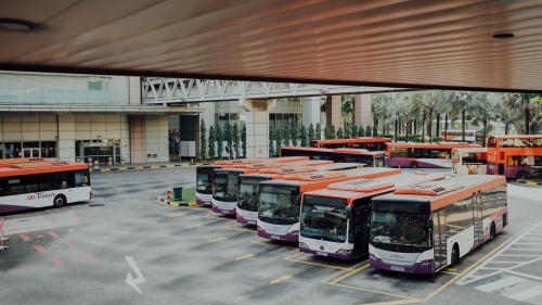 Parked buses.