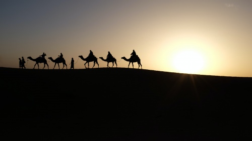 Men riding on camels.