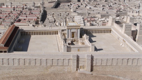 A model of Herod's Temple adjacent to the Shrine of the Book exhibit at the Israel Museum, Jerusalem.