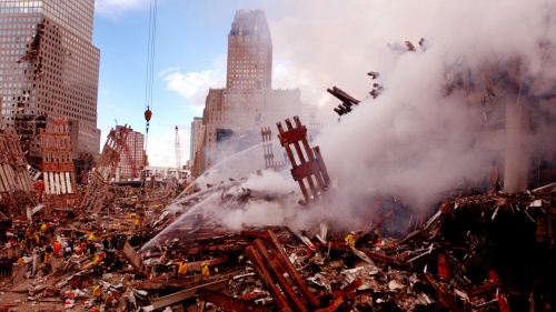 Building rubble that is smoking.