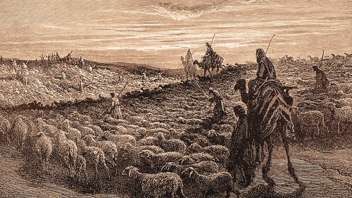 An artist's rendition of Abraham with a flock of sheep.