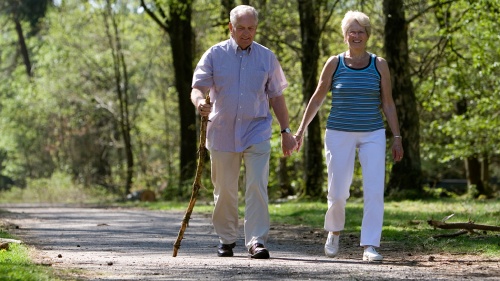 An elderly couple walking together.