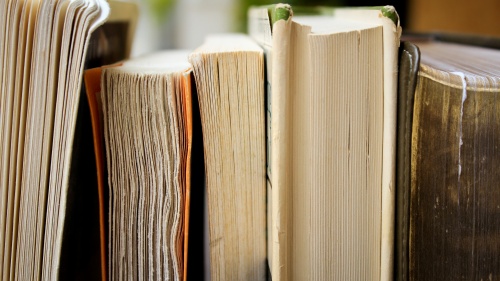 A stack of books on a shelf.