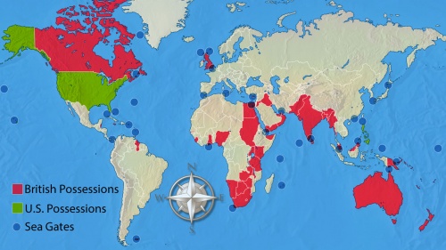 Un mapa mundial que muestra las posesiones británicas y estadounidenses junto con las principales puertas de mar.