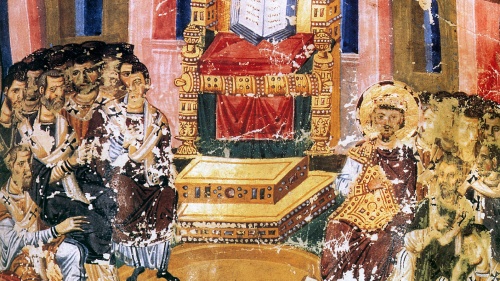 Old painting depicting first council of Constantinople.