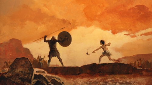 Artist illustration of David and Goliath fighting.