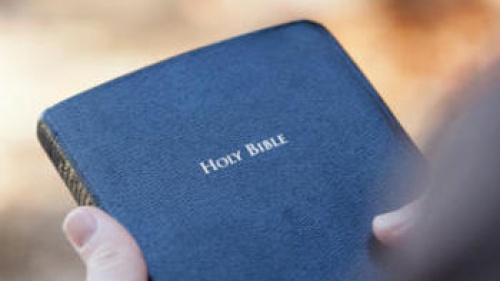 A person holding a blue covered Bible.