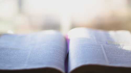 A open Bible in front of a window.