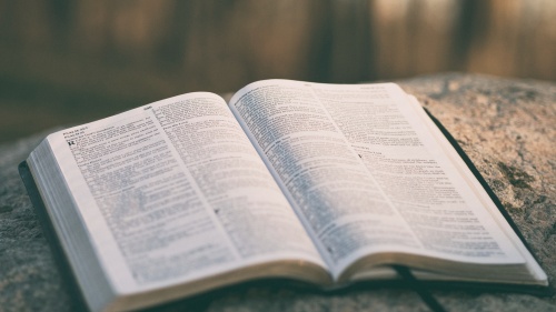 Open Bible laying on a rock.