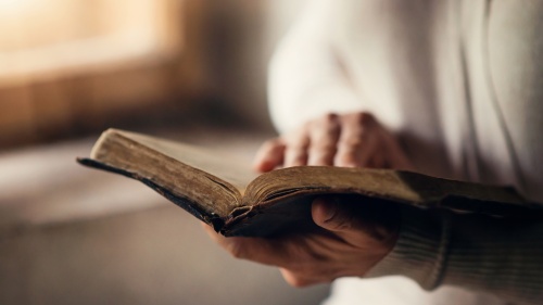 An older woman reading a Bible by a window.