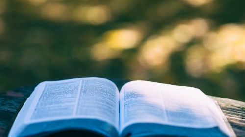 A open Bible laying on a table.