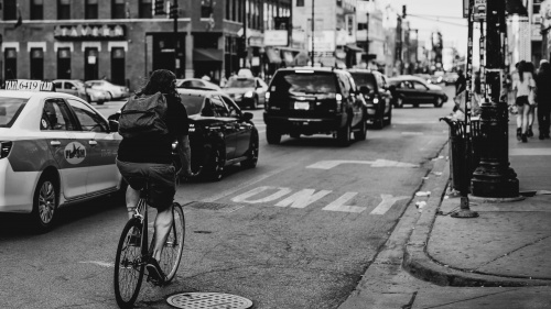 A busy street in a city.