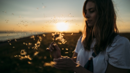 A woman holding a dandelion with the seeds of the plant blowing away.