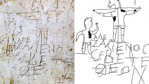 Now located in Rome’s Palatine Museum, this graffiti scratched in plaster was found in Rome and dates from the late first to early third century. It depicts a man standing before a crucified, donkey-headed figure.