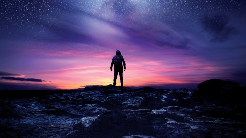 Silhouette of a man looking at the night sky filled with stars.