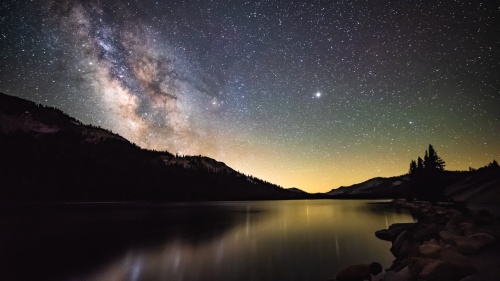 Starry night over lake with Milkyway galaxy.