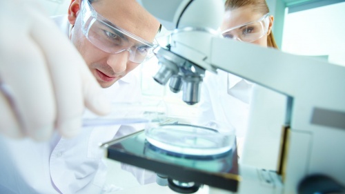 Scientist looking at a microscope.