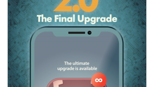 iHuman 2.0 Final Upgrade, a vector illustration of an iPhone with a red update available dot with an infinity in it
