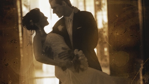 A bride and groom at their marriage ceremony.