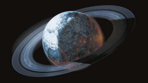 Illustration of a planet with rings around it.