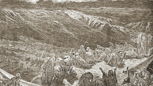 An illustration of the Israelites at Mount Sinai. 