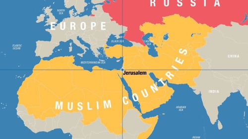 Map of Europe, North Africa, Asia with Jerusalem as the center point. 