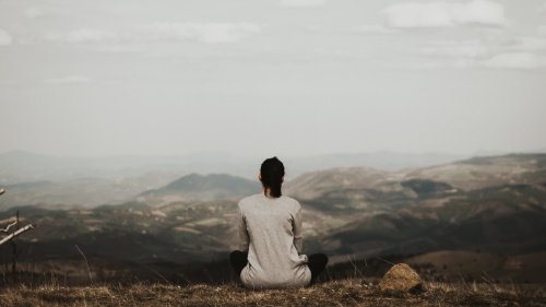 A woman sitting beside herself looking out over a vista.