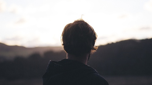 A man looking out over a field. 