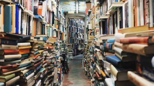 Lots of books on shelves in a small room