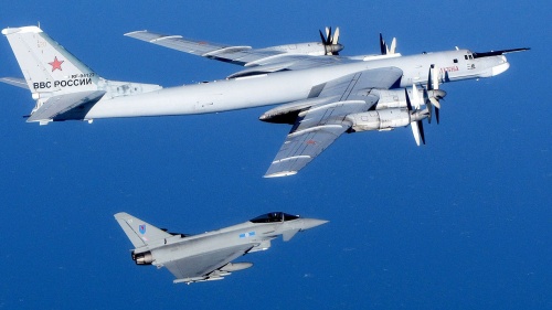 A British RAF Typhoon interecepts a Russian bomber near UK airspace.