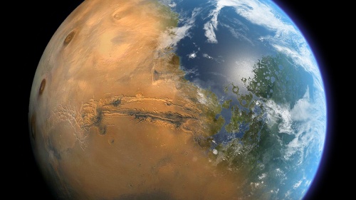 Photo illustration of a merging of Earth and Mars from outerspace.